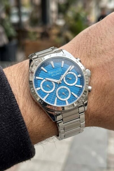 Ferrucci Sportif ve Modern Erkek Kol Saati | 40 mm Çelik Kordon, Mavi Kadran