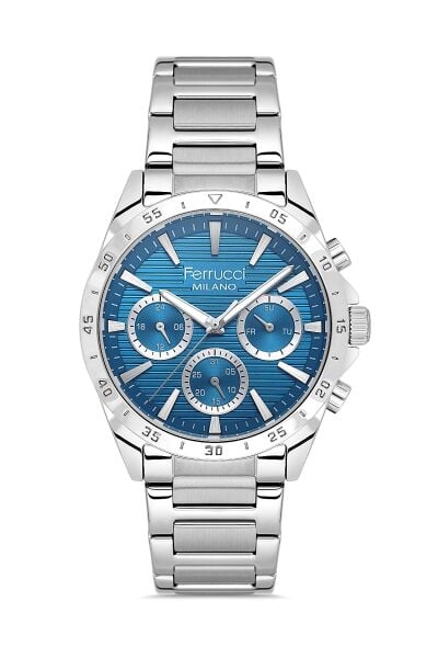 Ferrucci Sportif ve Modern Erkek Kol Saati | 40 mm Çelik Kordon, Mavi Kadran