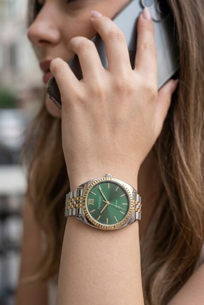 Ferrucci Lüks Görünümlü Kadın Kol Saati | 34 mm Altın-Gümüş Çelik Kordon, Yeşil Kadran