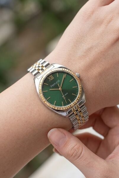 Ferrucci Lüks Görünümlü Kadın Kol Saati | 34 mm Altın-Gümüş Çelik Kordon, Yeşil Kadran