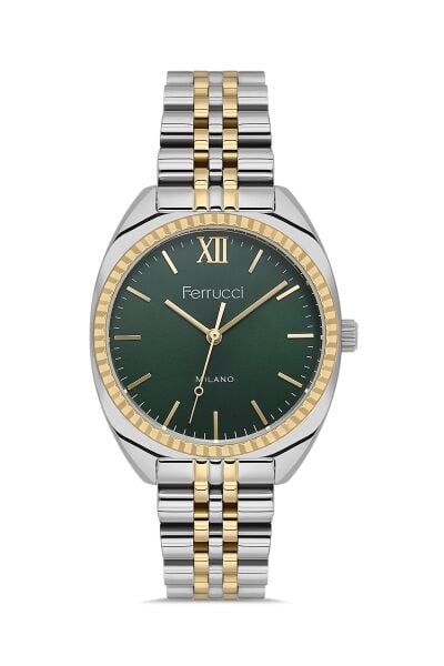Ferrucci Lüks Görünümlü Kadın Kol Saati | 34 mm Altın-Gümüş Çelik Kordon, Yeşil Kadran