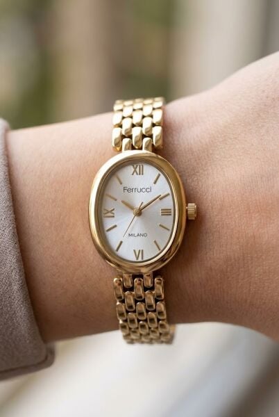 Ferrucci Vintage Zarif Kadın Kol Saati | 21 mm Altın Çelik Kordon, Oval Tasarım, Gümüş Kadran