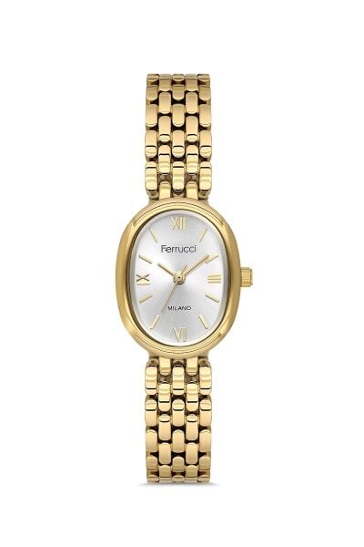 Ferrucci Vintage Zarif Kadın Kol Saati | 21 mm Altın Çelik Kordon, Oval Tasarım, Gümüş Kadran