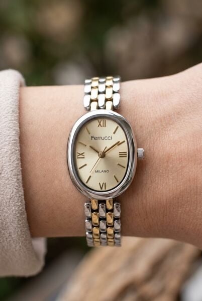 Ferrucci Vintage Zarif Kadın Kol Saati | 21 mm Altın-Gümüş Çelik Kordon, Altın Kadran