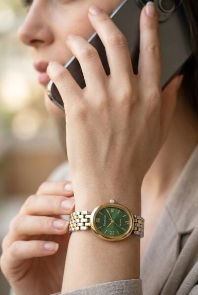 Ferrucci Vintage Zarif Kadın Kol Saati | 21 mm Altın-Gümüş Çelik Kordon, Yeşil Kadran