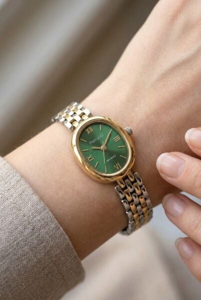 Ferrucci Vintage Zarif Kadın Kol Saati | 21 mm Altın-Gümüş Çelik Kordon, Yeşil Kadran