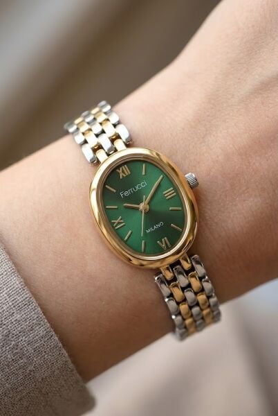 Ferrucci Vintage Zarif Kadın Kol Saati | 21 mm Altın-Gümüş Çelik Kordon, Yeşil Kadran