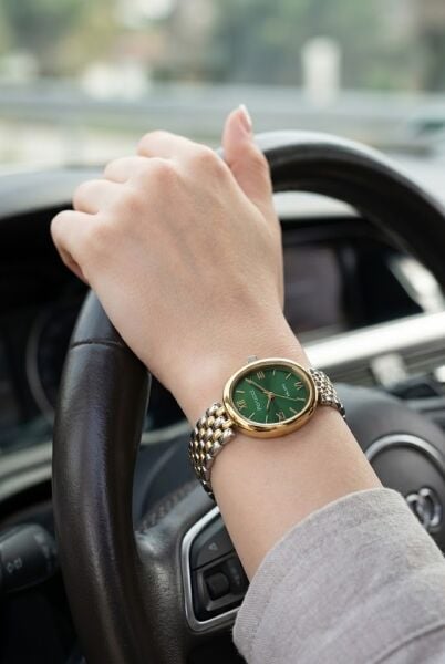 Ferrucci Vintage Zarif Kadın Kol Saati | 21 mm Altın-Gümüş Çelik Kordon, Yeşil Kadran