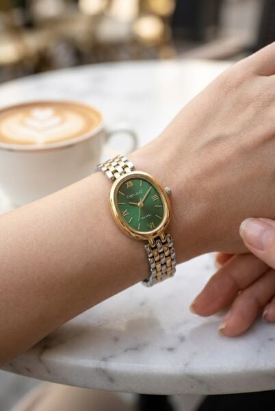 Ferrucci Vintage Zarif Kadın Kol Saati | 21 mm Altın-Gümüş Çelik Kordon, Yeşil Kadran