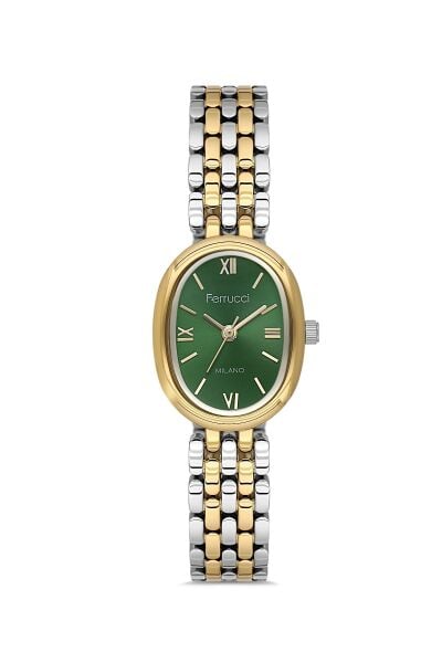 Ferrucci Vintage Zarif Kadın Kol Saati | 21 mm Altın-Gümüş Çelik Kordon, Yeşil Kadran