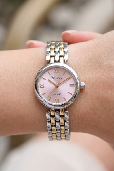 Ferrucci Vintage Zarif Kadın Kol Saati | 23 mm Altın-Gümüş Çelik Kordon, Pembe Kadran