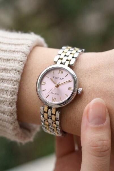 Ferrucci Vintage Zarif Kadın Kol Saati | 23 mm Altın-Gümüş Çelik Kordon, Pembe Kadran