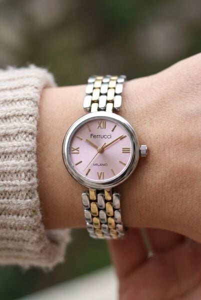 Ferrucci Vintage Zarif Kadın Kol Saati | 23 mm Altın-Gümüş Çelik Kordon, Pembe Kadran