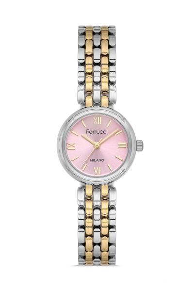 Ferrucci Vintage Zarif Kadın Kol Saati | 23 mm Altın-Gümüş Çelik Kordon, Pembe Kadran