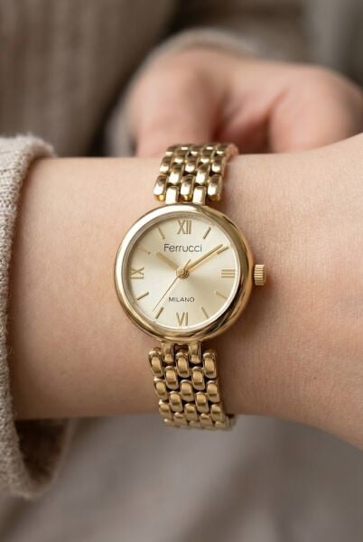 Ferrucci Vintage Lüks Görünümlü Kadın Kol Saati | 23 mm Altın Çelik Kordon, Altın Kadran