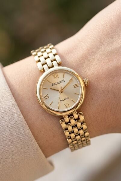 Ferrucci Vintage Lüks Görünümlü Kadın Kol Saati | 23 mm Altın Çelik Kordon, Altın Kadran