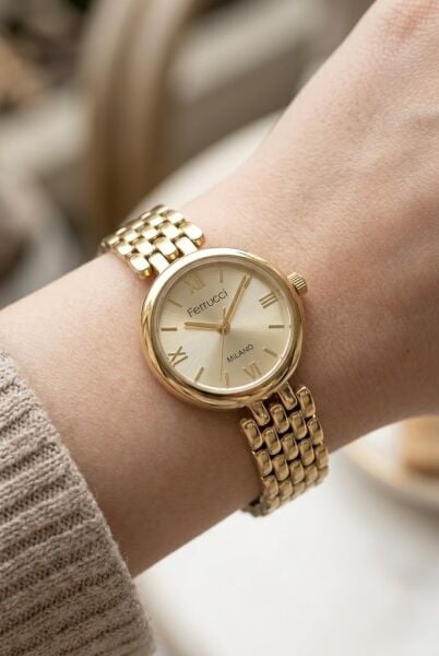 Ferrucci Vintage Lüks Görünümlü Kadın Kol Saati | 23 mm Altın Çelik Kordon, Altın Kadran