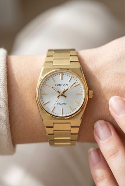 Ferrucci Vintage Esintili Zarif Kadın Kol Saati | 26 mm Altın Çelik Kordon, Gümüş Kadran