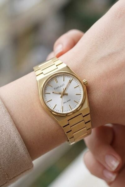 Ferrucci Vintage Esintili Zarif Kadın Kol Saati | 26 mm Altın Çelik Kordon, Gümüş Kadran