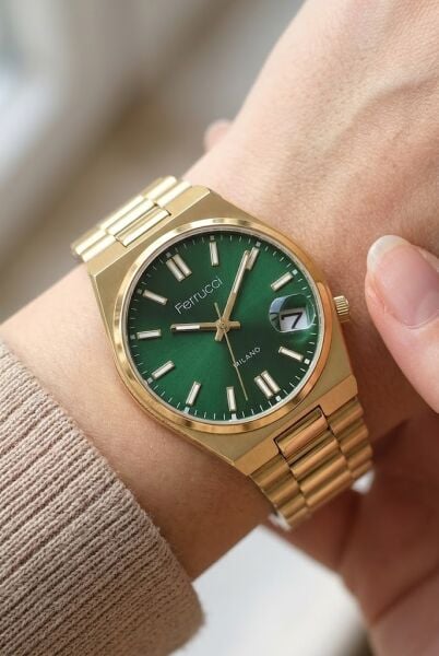 Ferrucci Vintage Lüks Görünümlü Kadın Kol Saati | 34 mm Altın Çelik Kordon, Yeşil Kadran, Takvimli