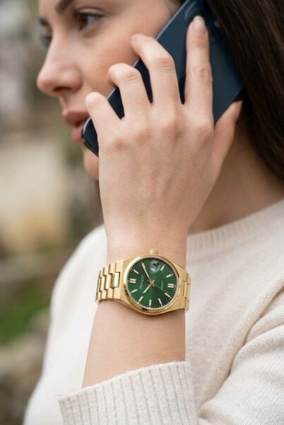 Ferrucci Vintage Lüks Görünümlü Kadın Kol Saati | 34 mm Altın Çelik Kordon, Yeşil Kadran, Takvimli