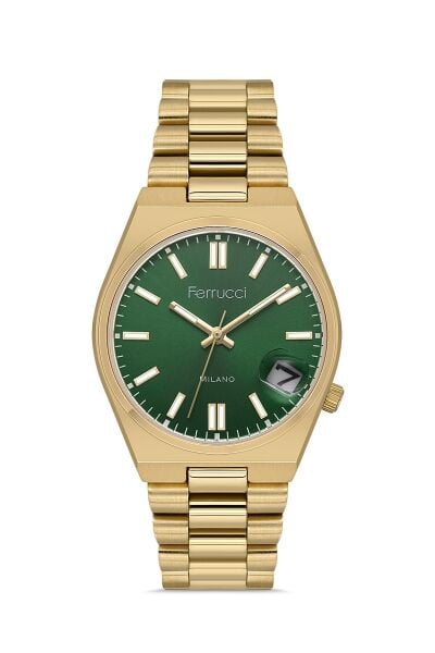 Ferrucci Vintage Lüks Görünümlü Kadın Kol Saati | 34 mm Altın Çelik Kordon, Yeşil Kadran, Takvimli